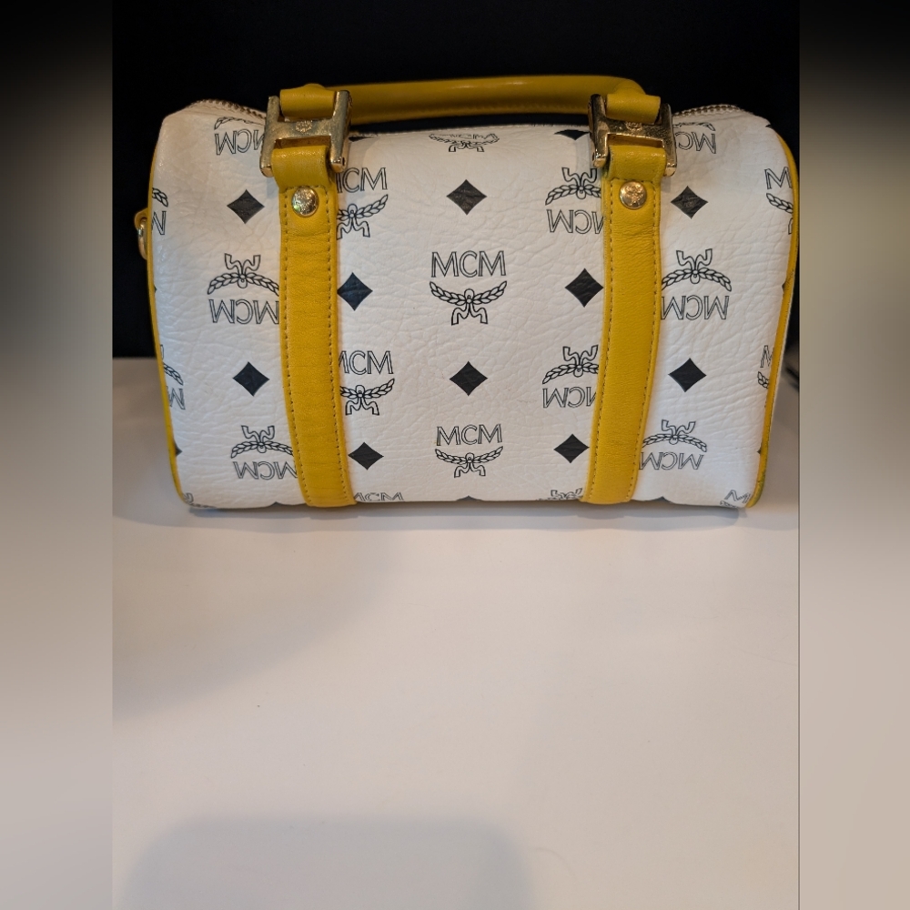 MCM White Visetos Satchel with Yellow Trim - Picture 2 of 10